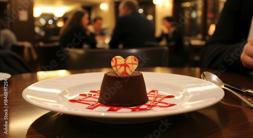 Chocolate dessert with heart decoration on white plate
