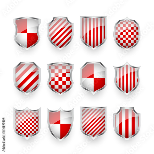 Glossy shields with red and black white. Security and protection concept. Cyber safety icons, internet privacy, web defense, digital data protection and antivirus themes. Vector illustration