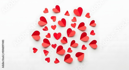 Red paper hearts scattered on white background for Valentine's Day