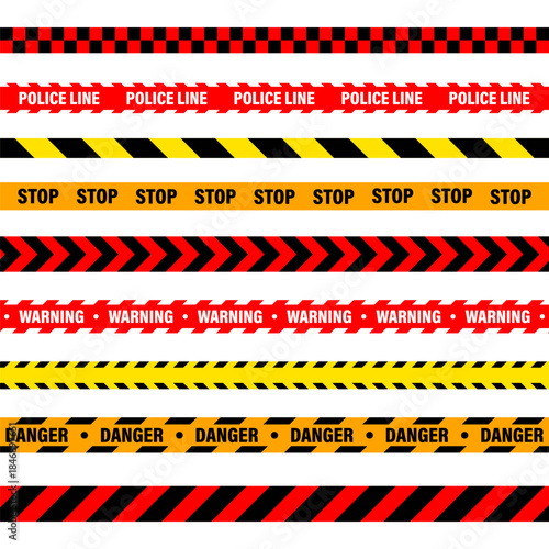 Barricade construction tape. Colorful police warning line, brightly colored danger or hazard stripe, ribbon. Restricted area, zone. Attention symbol. Vector illustration