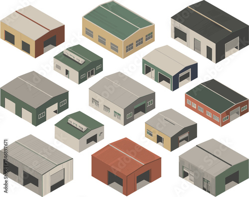 Isometric Industrial Buildings Set: Collection of Warehouses, Factories, and Storage Hangars with Metal Roofs