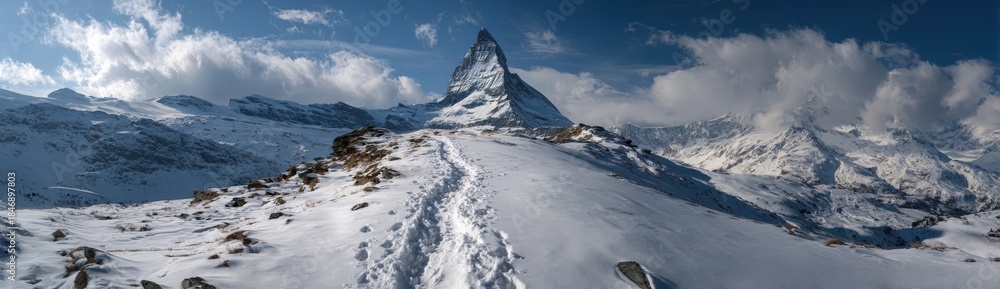 custom made wallpaper toronto digitalA trail winds through snow leading up to a tall mountain peak. Clouds hover above the summit. The scene shows a cold environment far from cities and crowds