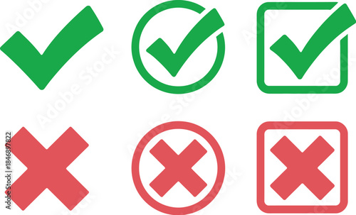 Set of green checkmarks and red crosses representing yes or no, correct or incorrect choices, and approval or rejection