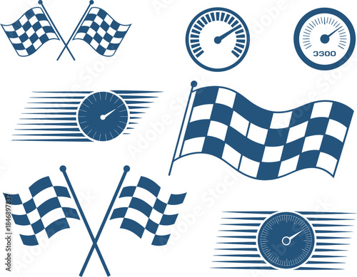 Dynamic racing symbols collection featuring checkered flags and speed indicators, evoking the thrill of competition and the pursuit of victory and high achievement in automotive sports