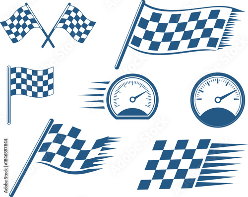 Dynamic vector collection featuring classic checkered flags and precise speedometers, embodying the thrill of racing, speed, and competition for sports and automotive design projects