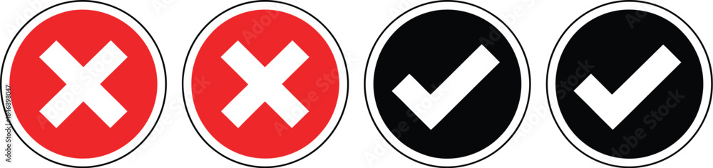 Fototapeta premium Set of two red circles with a white cross and two black circles with a white checkmark, representing rejection and approval