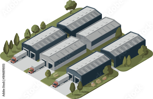 Isometric Logistics and Industrial Park with Multiple Warehouses, Loading Docks, and Semi-Trailer Trucks