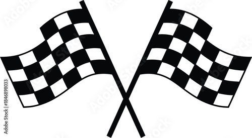 Two checkered flags crossed in a black and white image representing victory or the start of a race competition