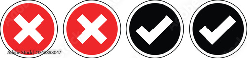 Set of two red circles with a white cross and two black circles with a white checkmark, representing rejection and approval