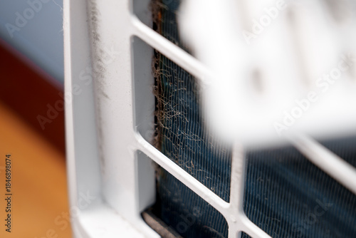 Картината върху платно Disassembled home air dehumidifier during maintenance with dusty radiator grille