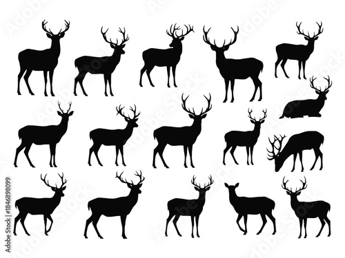A collection of black silhouette deer figures in various poses