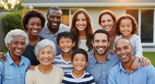 A diverse, multi-generational family is captured in a heartwarming outdoor portrait, all smiling broadly at the camera. The group includes grandparents, parents, and children of various ages and