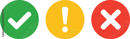 Green checkmark, yellow exclamation point, and red cross icons symbolizing correct, warning, and incorrect status or decisions on a white background