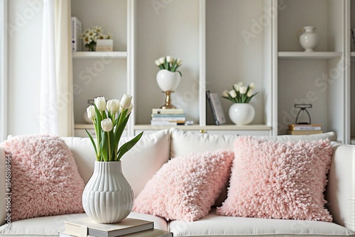 Cozy living room with white tulips and pink fluffy cushions on sofa