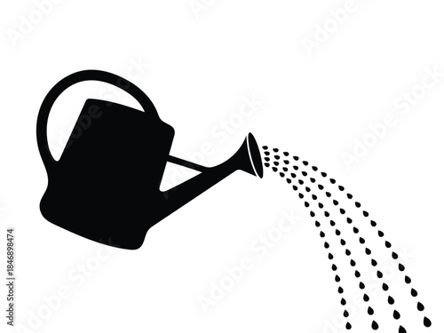 A simple black and white illustration of a watering can with water