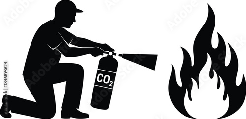 Black Silhouette Vector of a Man Kneeling and Using a CO2 Fire Extinguisher to Douse a Flame, Symbolizing Fire Safety, Emergency Response, Prevention, and Workplace Protection.
