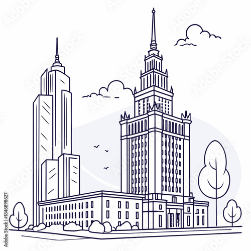 Line art illustration of the palace of culture and science in warsaw, poland