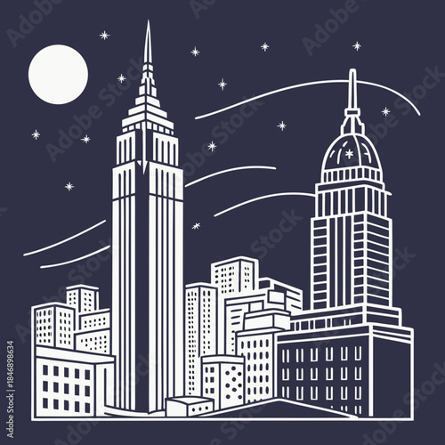 New york city skyline at night with moon and stars line art