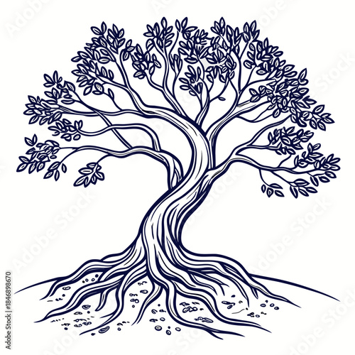 Stylized illustration of an ancient, gnarled olive tree with spreading roots and dense foliage