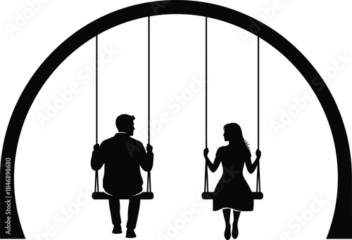 Black Silhouette Vector of a Young Couple Sitting on Swings Inside a Decorative Arch Frame, Representing Love and Leisure