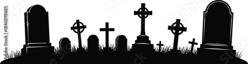 Black Silhouette Vector of an Old Graveyard Landscape with Tombstones and Celtic Crosses, Symbolizing Death, Halloween, Horror, Eternity, Funeral Services, and Christian Tradition.