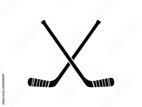 Two crossed hockey sticks presented in a simple black and white illustration