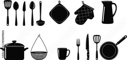 Collection of kitchen utensil and cookware silhouettes including spoons, spatulas, pot, pan, knife, mug and accessories for culinary design projects
