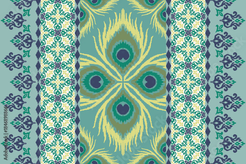 Seamless Peacock Feather Ikat Pattern in Soft Pastel Tones. ethnic traditional orientation design ikat style. Motifs African boho. Ethnic ikat floral Border Indian floral Aztec embroidery border