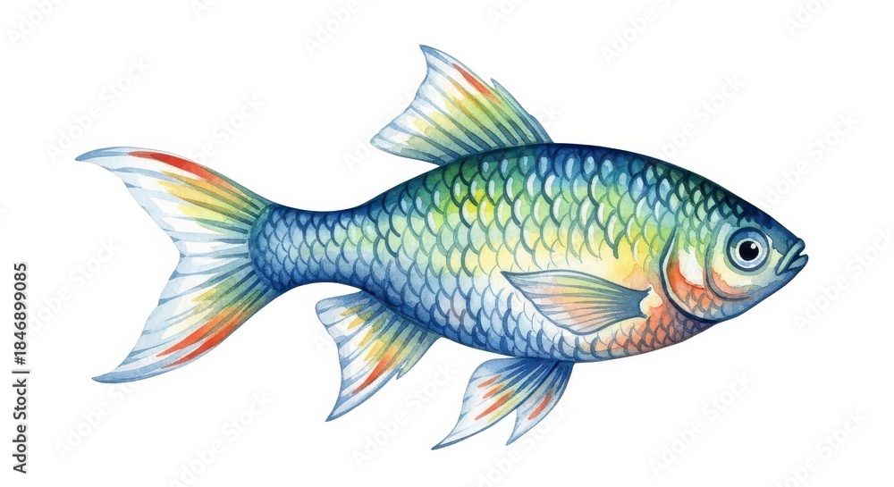 Fototapeta premium Watercolor illustration depicts a colorful, scaled aquatic animal facing right against a white background.
