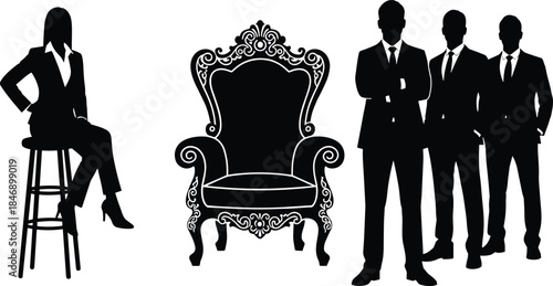 Executive business team surrounding an ornate, vintage royal throne, symbolizing corporate power, executive leadership, hierarchy, ambition, and business achievement success.