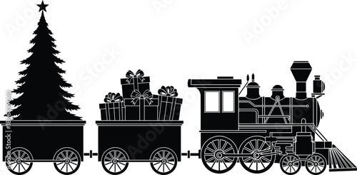 Festive Christmas train engine pulling a car full of stacked gift boxes and a flatbed carrying a large holiday decorated pine tree, symbolizing delivery and cheer.