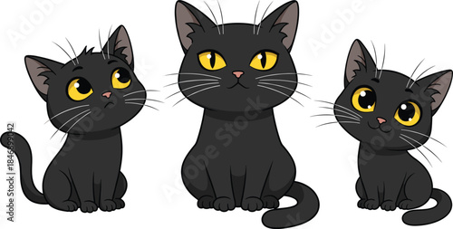 Cute Cartoon Black Cat Vector Set with Yellow Eyes; Adorable Kittens in Different Poses for Pet Shops, Halloween, and Animal Designs
