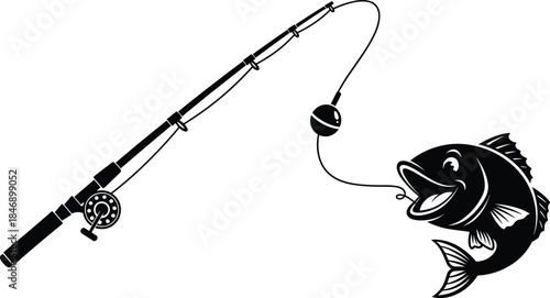 Fishing rod silhouette with hooked fish and bobber, detailed angling illustration perfect for outdoor sport designs, hobby graphics and recreational themes