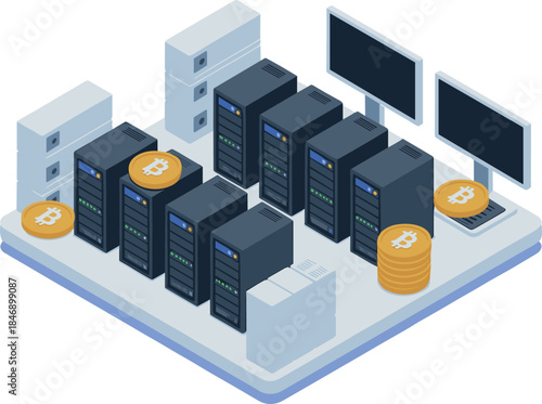Isometric Cryptocurrency Mining Farm and Data Center with Server Racks, Monitors, and Bitcoin Coins