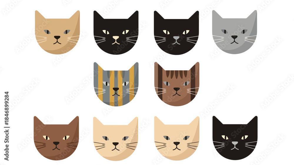 Fototapeta premium Set of ten vector illustrations of cartoon cat heads in different colors and patterns