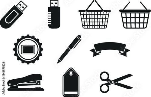 Office supplies and stationery item black vector icon set. Shopping basket, USB flash drive, scissors, stapler, pen, and price tag symbol collection for business use.