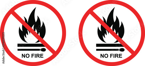 No fire safety prohibition signs with bold red circle and slash, clear flammable warning icons for hazard prevention, safety instructions and caution design projects