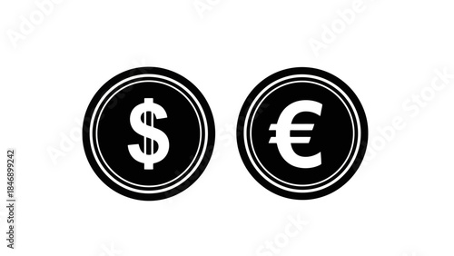 Black and white dollar and euro coin symbols isolated on white background