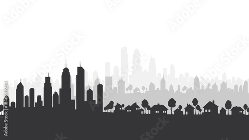 Abstract illustration of a city and residential houses with tall buildings and trees in silhouette
