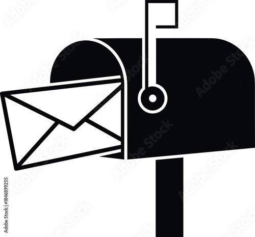 Open mailbox silhouette with outgoing envelope and raised flag, simple postal mail illustration perfect for communication, delivery, messaging and service designs