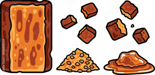 Delicious caramel ingredients collection featuring a large block floating cubes granular pieces and a melted puddle against black