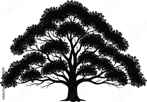 Magnificent, broad canopy tree silhouette with dense foliage and wide-reaching branches, vector illustration symbolizing nature, life, strength, and environmental growth.