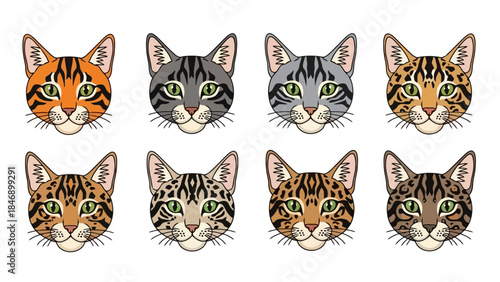 Cartoon cat heads with various fur patterns in a vector illustration, isolated on white background