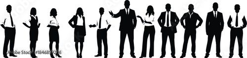 Professional business people team silhouettes standing together, diverse group of men and women in suits and formal attire, demonstrating corporate unity and success.
