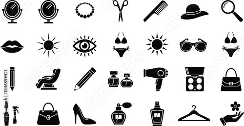Set of Monochrome Beauty and Fashion Icons Including Makeup, Cosmetics, Hair Salon Tools, Summer Accessories, and Clothing Items
