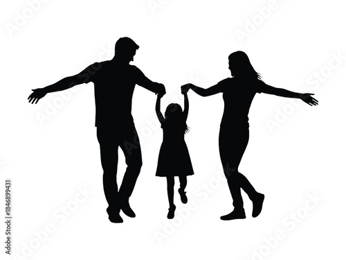 A joyful family silhouette parents and daughter embracing with open arms