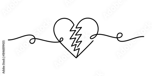 Minimalist continuous line drawing representing a broken heart with a lightning bolt crack Vector, illustration
