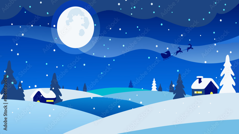 Naklejka premium Santa's nighttime flight over snowy village