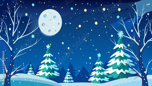 Winter night in a snowy forest