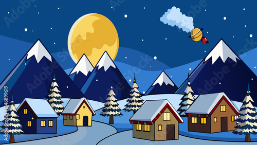 Serene mountain village under full moon